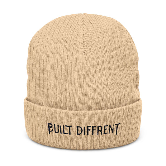 Built Different Ribbed Knit Beanie — Embroidered Casual Winter Hat